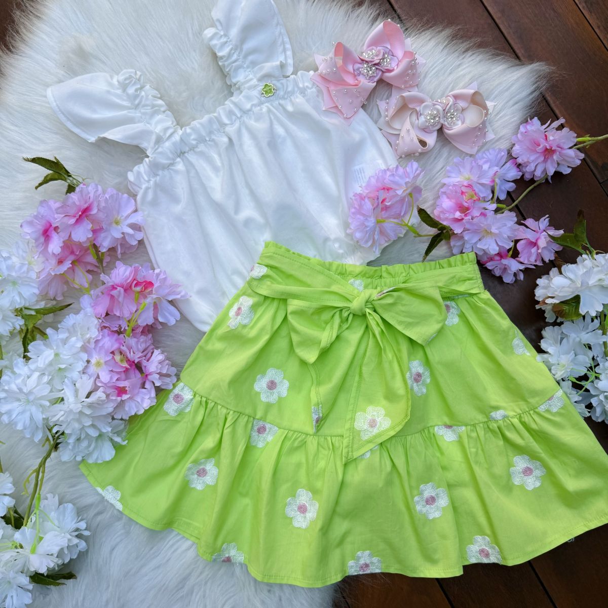 Conjunto Infantil Feminino Momi Blusa Off-White Shorts Saia Verde Neon Flores Bordadas