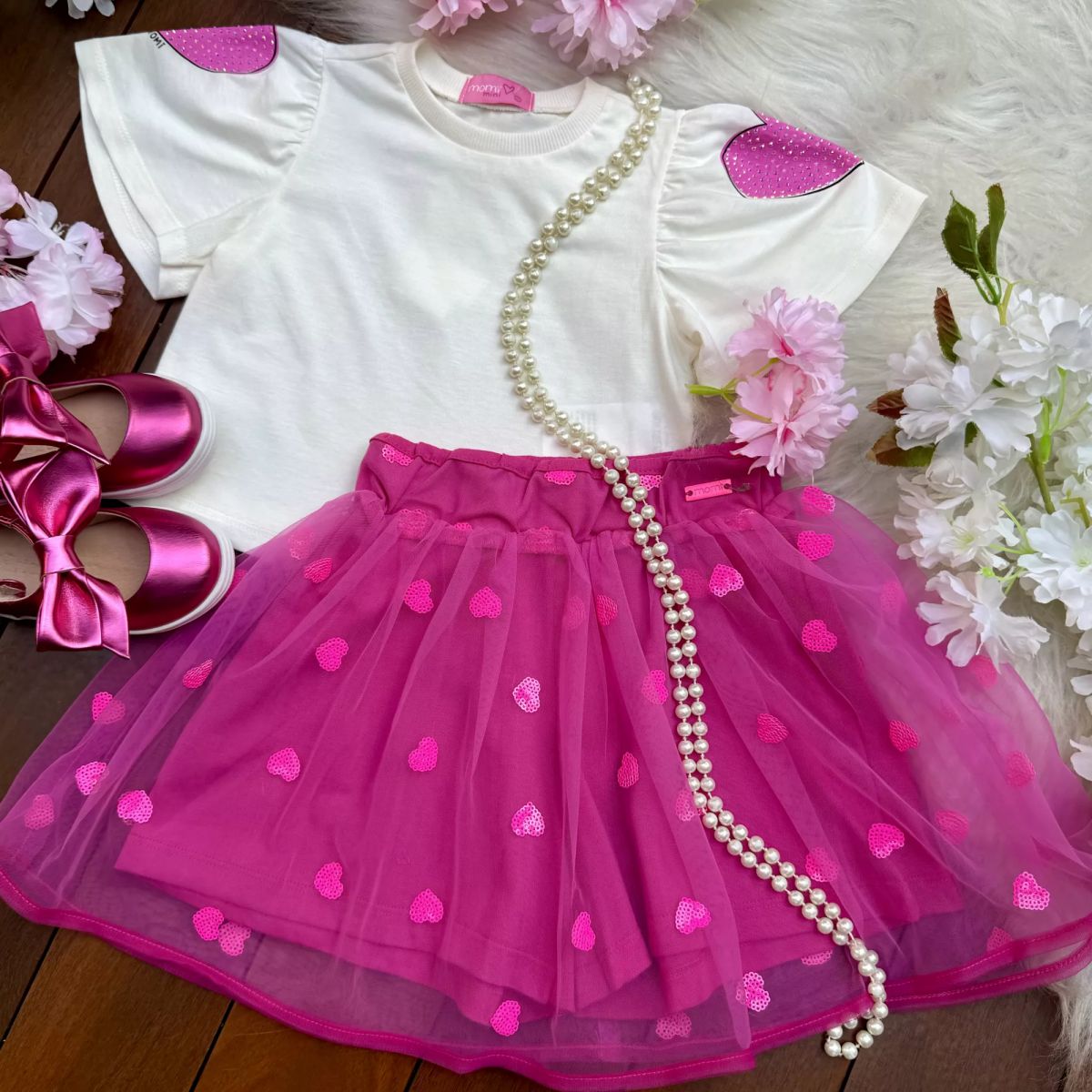 Conjunto Infantil Feminino Momi Corações Pink Blusa Strass Saia Tule