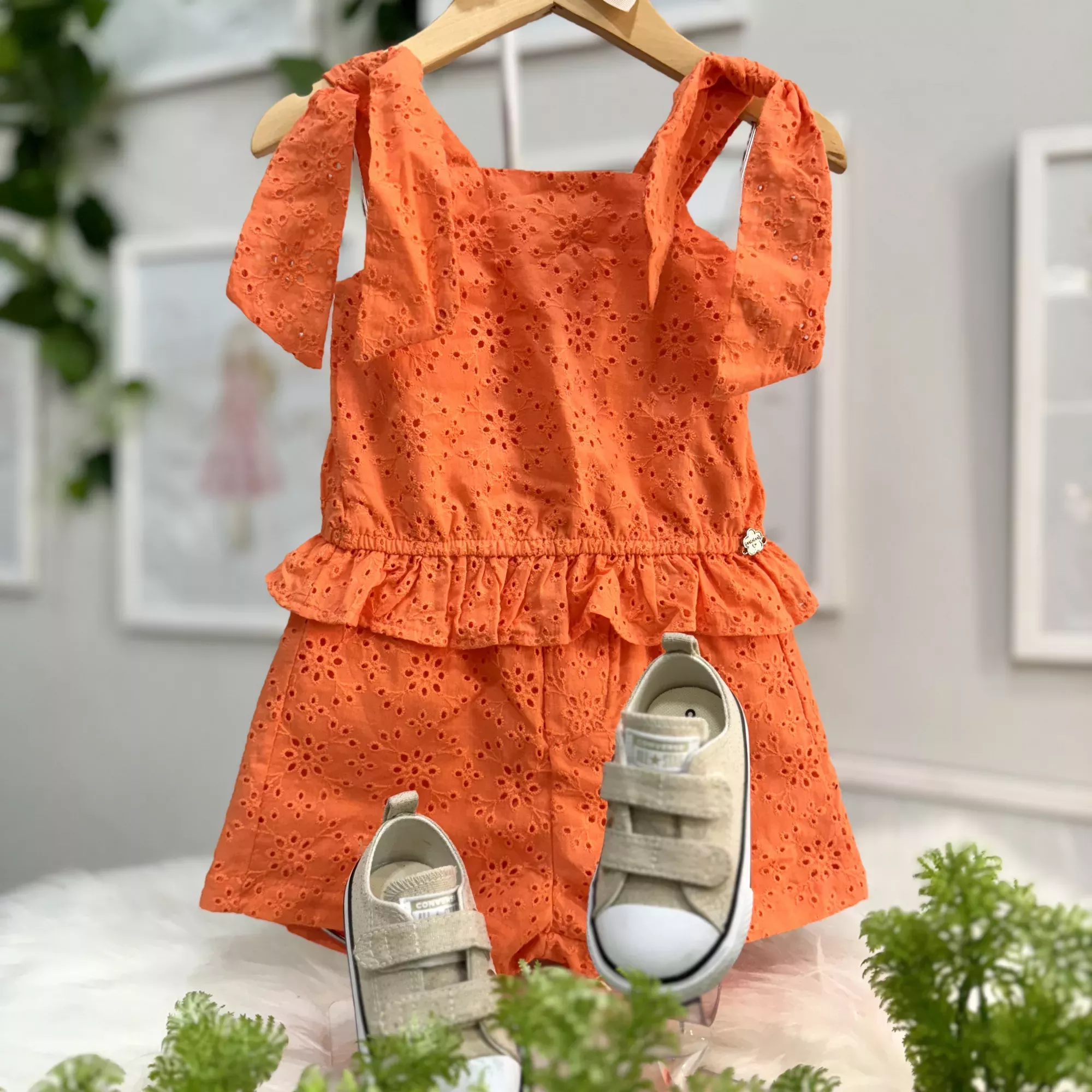 Conjunto Infantil Feminino Momi Laranja de Laise com Laço e Babados