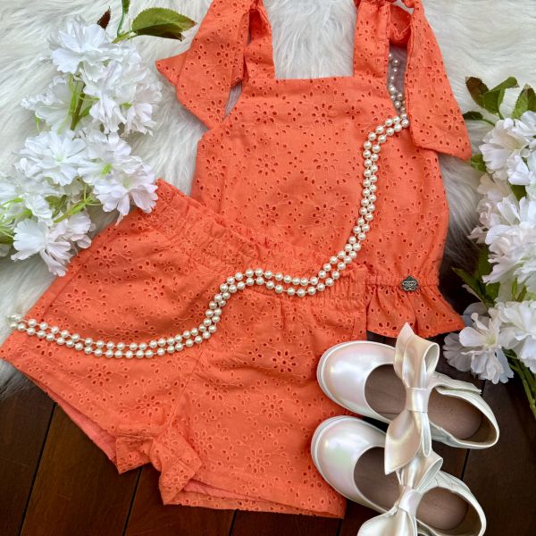 Conjunto Infantil Feminino Momi Laranja de Laise com Laço e Babados