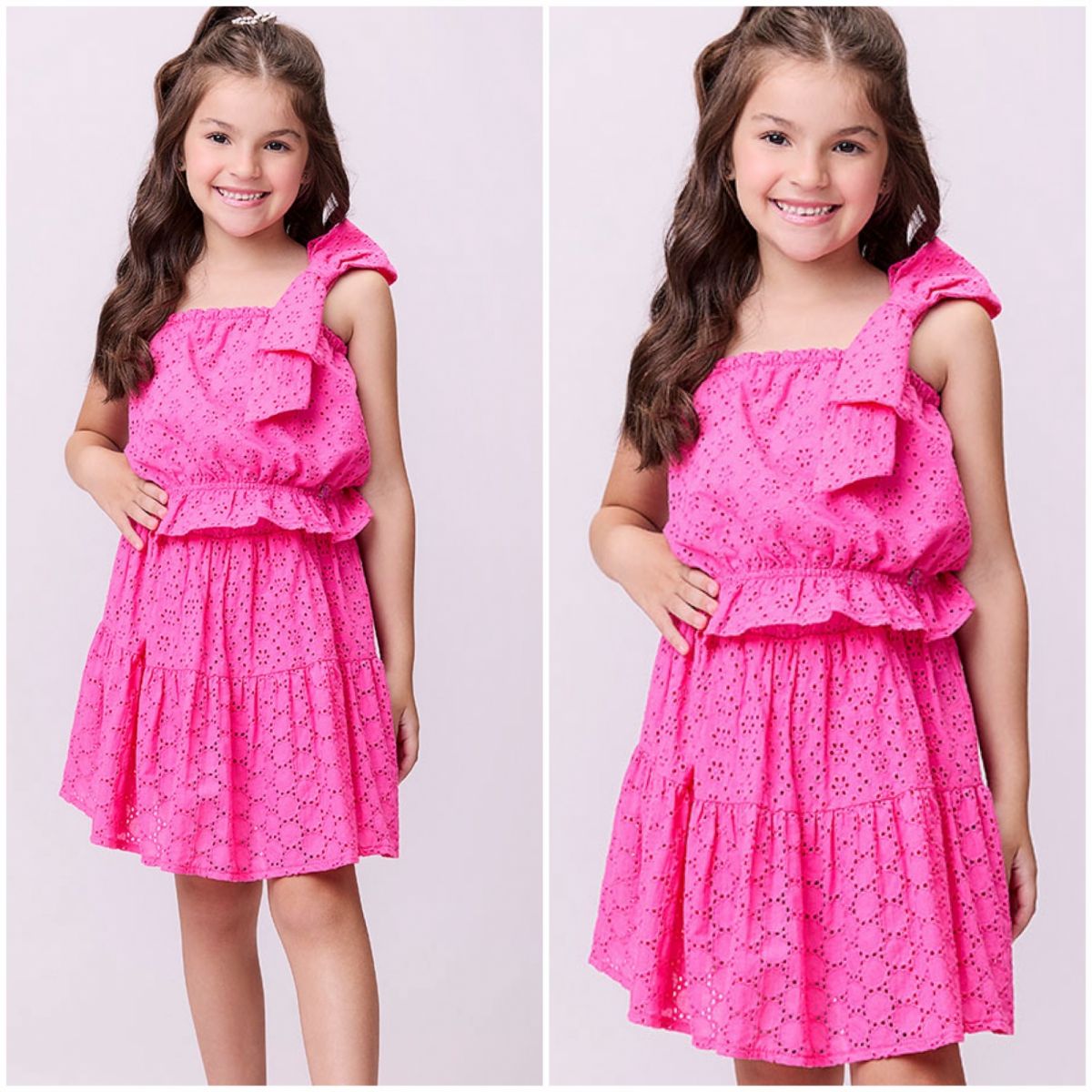 Conjunto Infantil Feminino Momi Pink de Laise com Laço e Babados