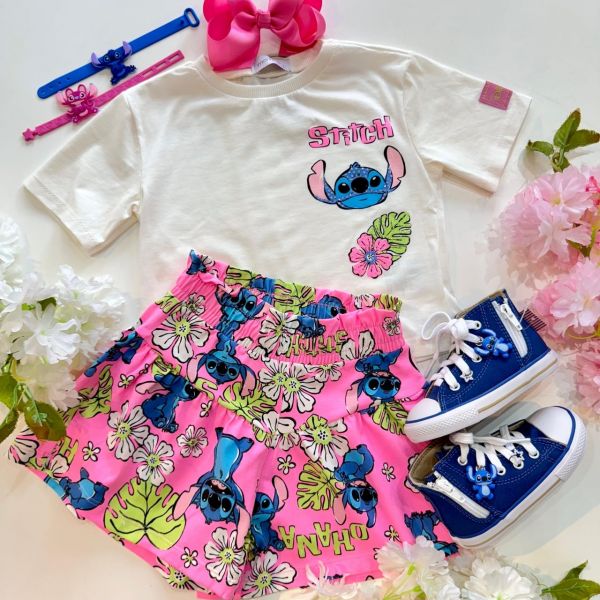 Conjunto Infantil Feminino Momi Stitch Strass com Bermuda Rosa