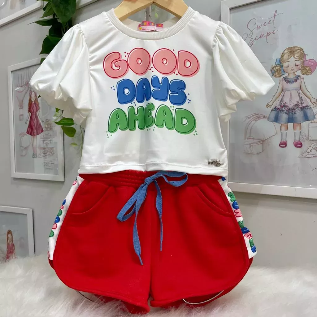 Conjunto Infantil Feminino Mon Sucre Blusa Off-White Dias Bons Virão Manga Bufante e Shorts Vermelho