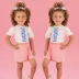 Conjunto Infantil Feminino Mon Sucré Blusa Off-White Manga Bufante e Shorts Rosa Neon Bolso