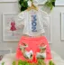 Conjunto Infantil Feminino Mon Sucré Blusa Off-White Manga Bufante e Shorts Rosa Neon Bolso