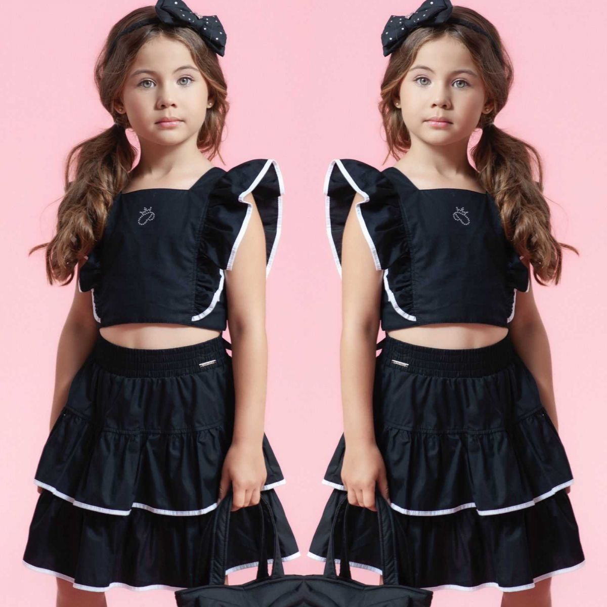 Conjunto Infantil Feminino Pituchinhus Preto Viés Branco Blusa Cropped Babados