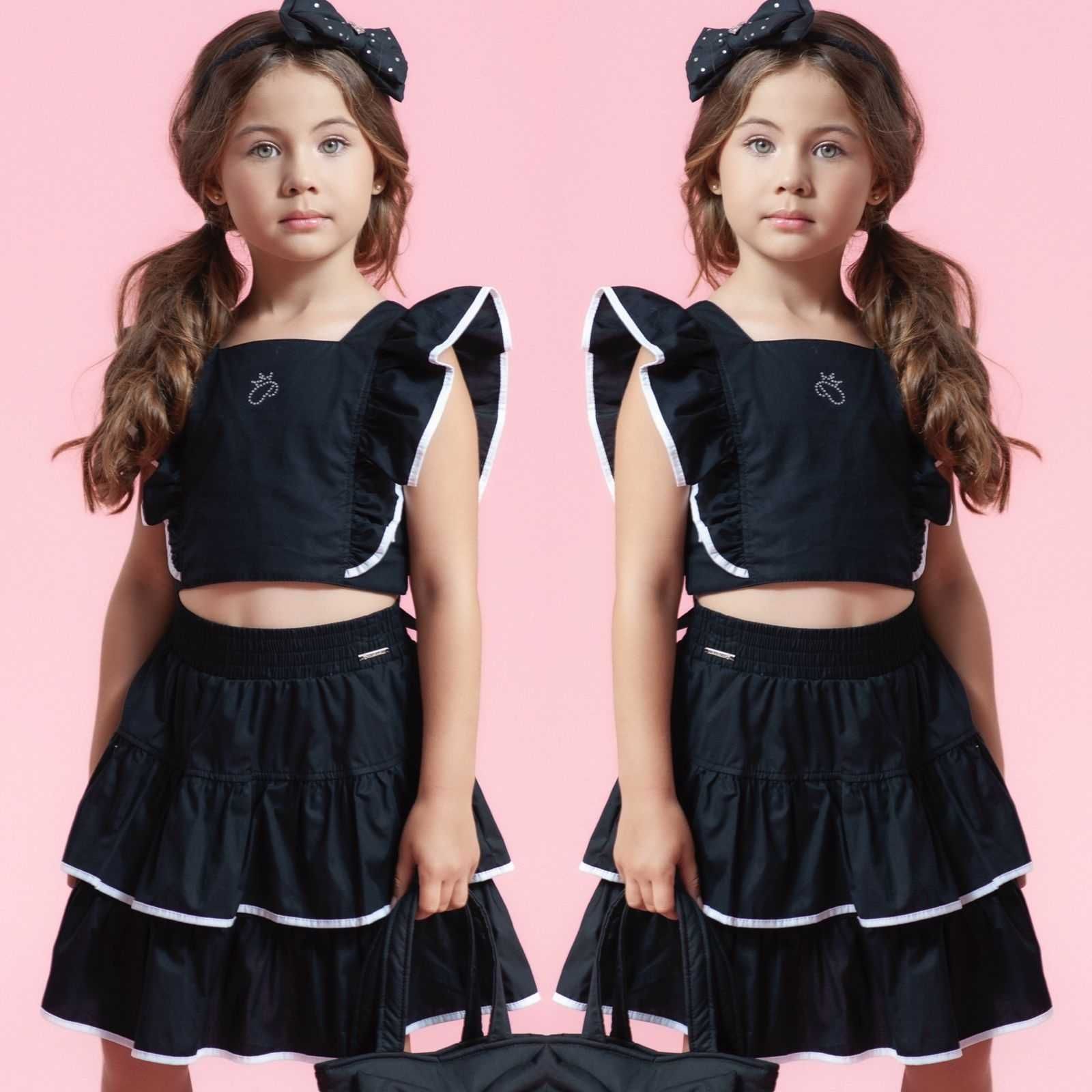 Conjunto Infantil Feminino Pituchinhus Preto Viés Branco Blusa Cropped Babados