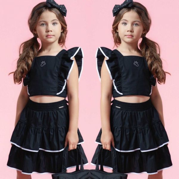 Conjunto Infantil Feminino Pituchinhus Preto Viés Branco Blusa Cropped Babados