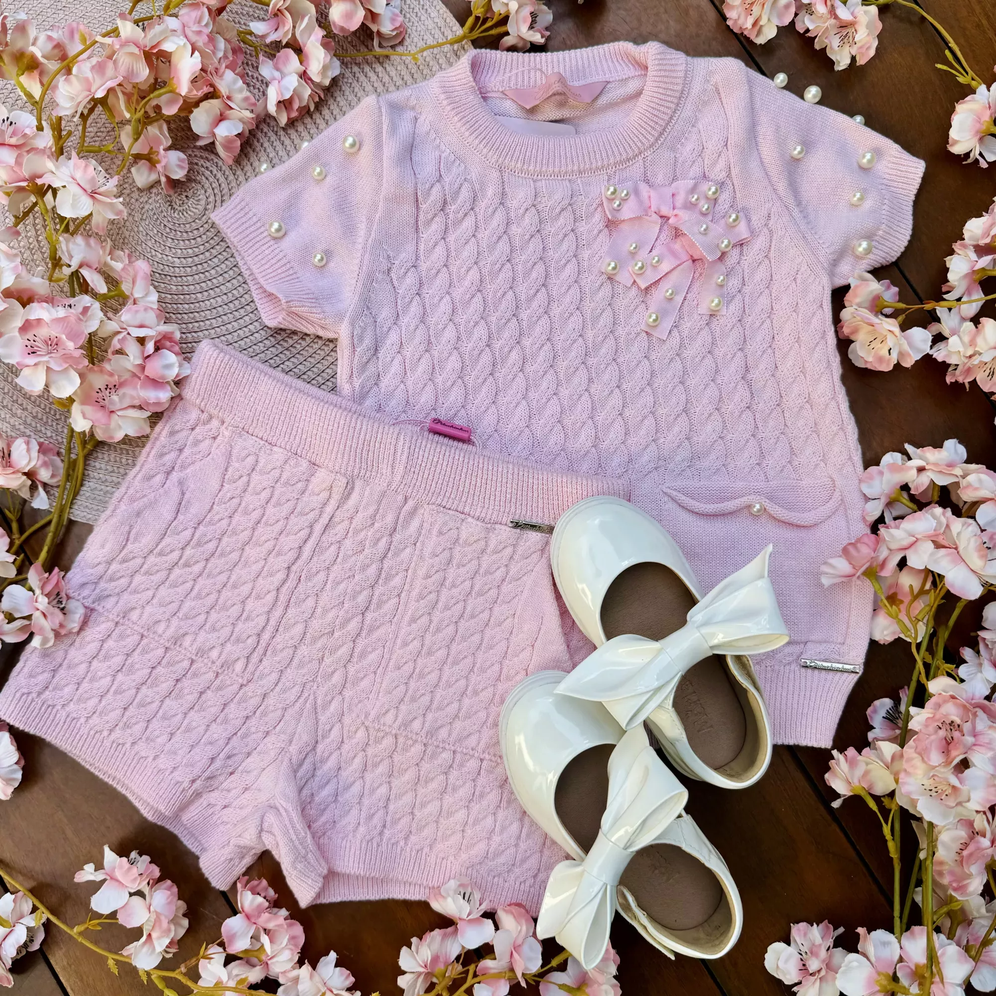 Conjunto Infantil Feminino Pituchinhus Rosa Bebe Tricot Trançado com Pérolas e Laços