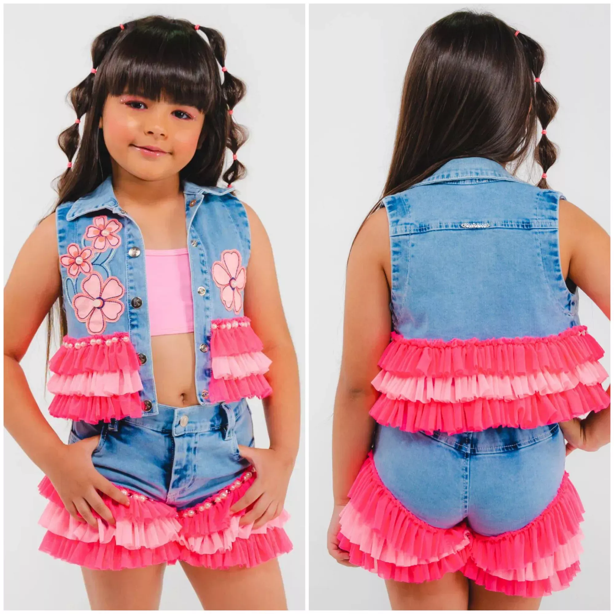 Conjunto Infantil Feminino Três Peças Kukixo Jeans Bordado Rosa Neon Flores e Pedrarias