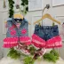 Conjunto Infantil Feminino Três Peças Kukixo Jeans Bordado Rosa Neon Flores e Pedrarias