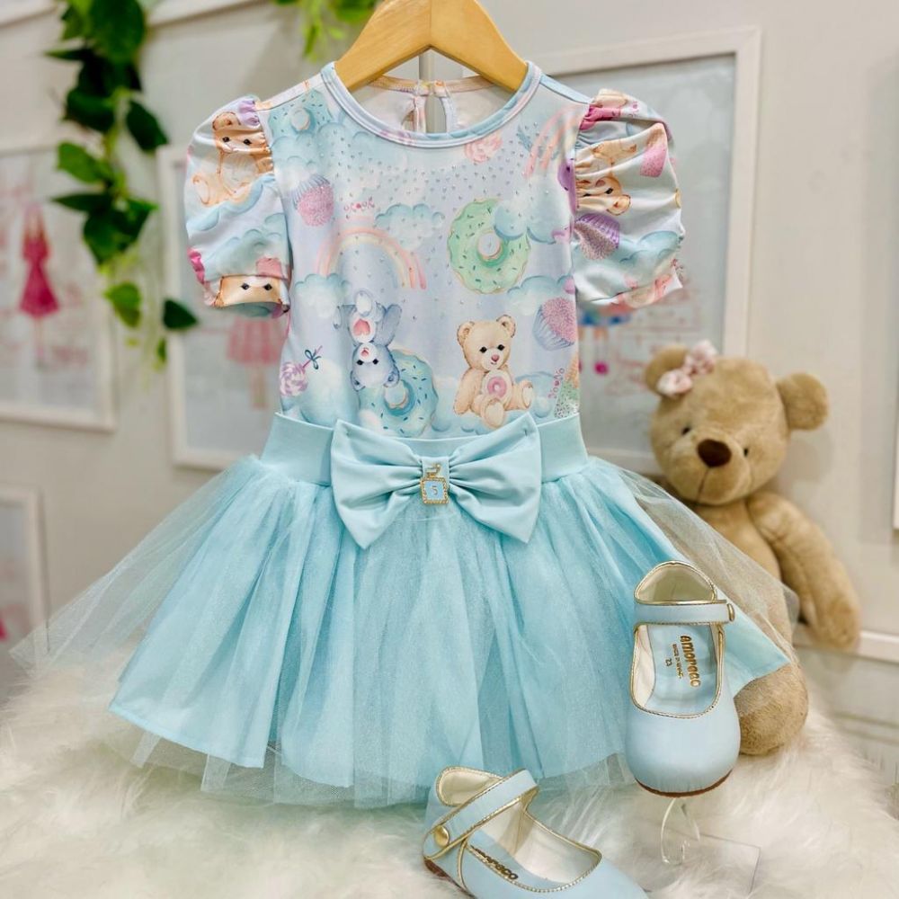 Vestido Frozen com Tule Sobre a Saia: Meninas de 6m a 10 Anos