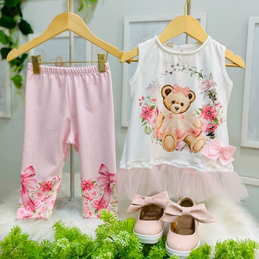 Conjunto Feminino Infantil Yoyo Rosa Manga Longa Boneca com Calça de Ursas  na EuroBabyKids