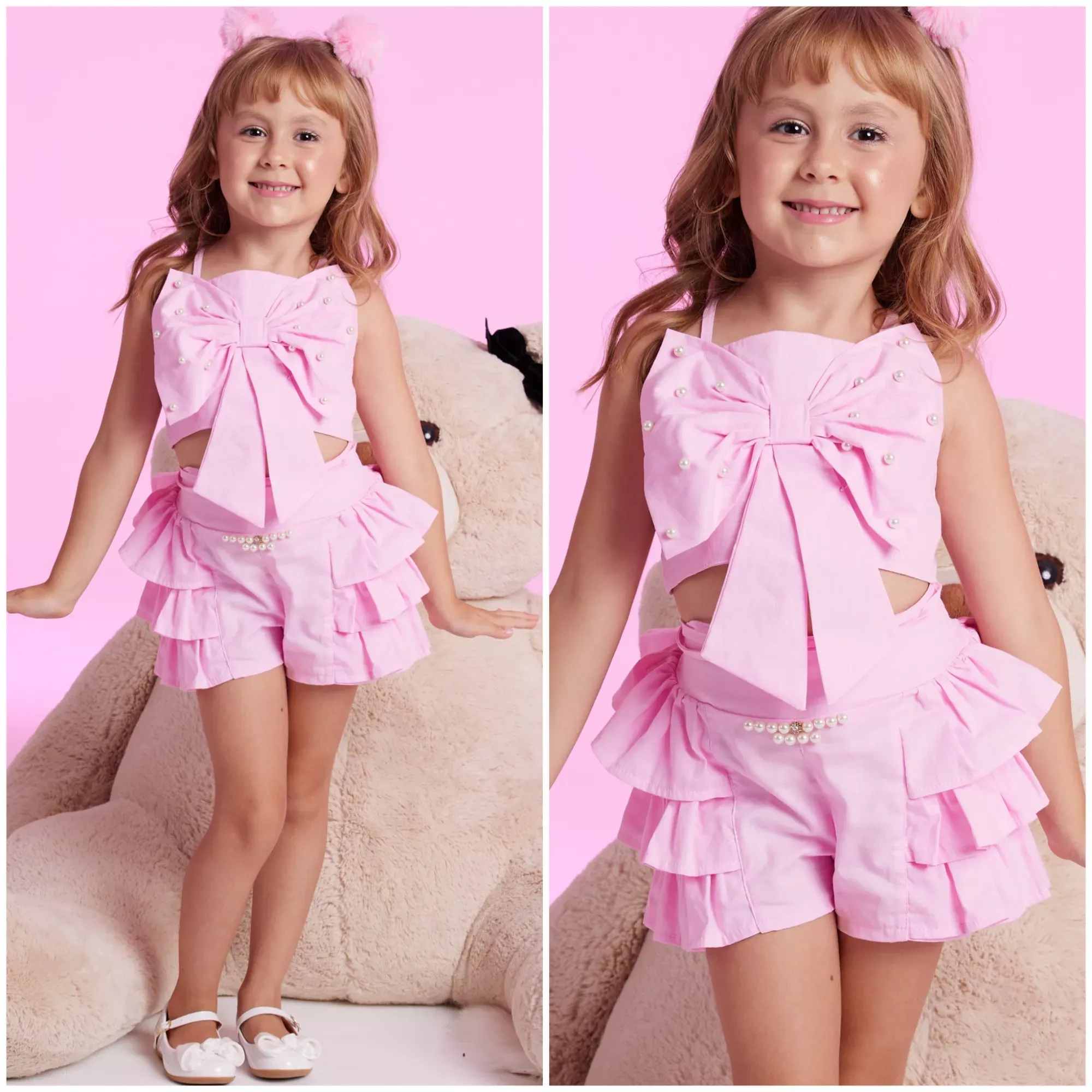 Conjunto Infantil Feminino Yoyo Rosa Blusa Laço Pérola com Amarração e Shorts Babados