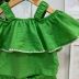 Conjunto Infantil Kukiê Blusa Cropped Verde Linho Alça Dupla Shorts Verde Linho Bolsos Amarração