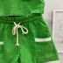 Conjunto Infantil Kukiê Blusa Cropped Verde Linho Alça Dupla Shorts Verde Linho Bolsos Amarração