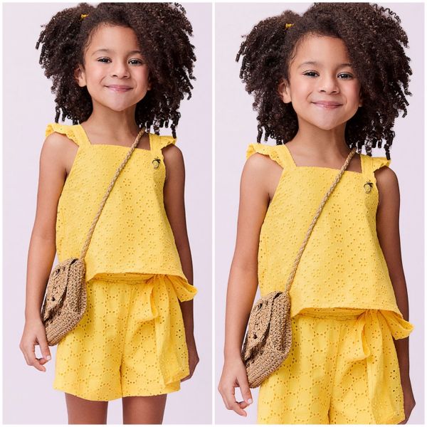 Conjunto Infantil Momi Amarelo Laise Blusa Alça Fina Babados Shorts Amarração Cintura