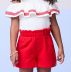 Conjunto Infantil Momi Blusa Off White Bordado Vermelho Abertura Ombros Shorts Vermelho Liso