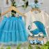 Conjunto Infantil Momi Blusa Off White Pequena Sereia Saia Tule Azul Turquesa Glitter Holográfico