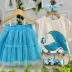 Conjunto Infantil Momi Blusa Off White Pequena Sereia Saia Tule Azul Turquesa Glitter Holográfico