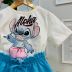 Conjunto Infantil Momi Blusa Off White Stitch Disney Strass Shorts Azul Capri Amarração Cintura