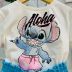 Conjunto Infantil Momi Blusa Off White Stitch Disney Strass Shorts Azul Capri Amarração Cintura