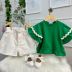 Conjunto Infantil Momi Blusa Verde Kentucky Lisa Sianinha Babados Shorts Sarja Off White Strass 