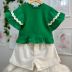 Conjunto Infantil Momi Blusa Verde Kentucky Lisa Sianinha Babados Shorts Sarja Off White Strass 