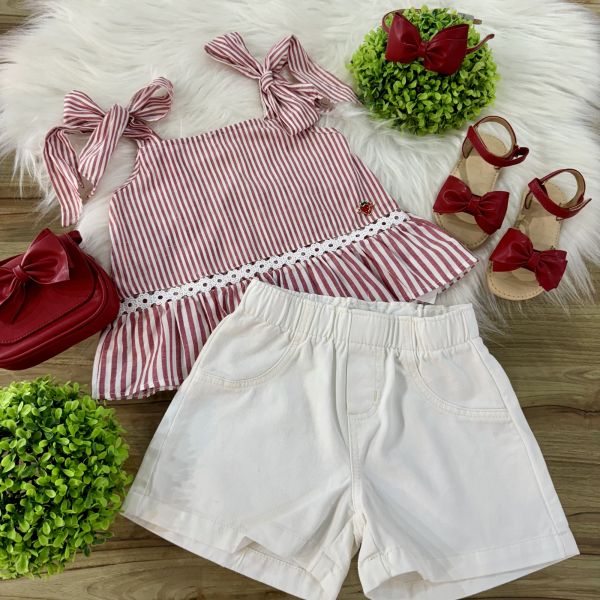 Conjunto Infantil Momi Blusa Vermelha Off-White Amarração Ombros Shorts Sarja Off White Liso