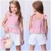 Conjunto Infantil Momi Blusa Vermelha Off-White Amarração Ombros Shorts Sarja Off White Liso