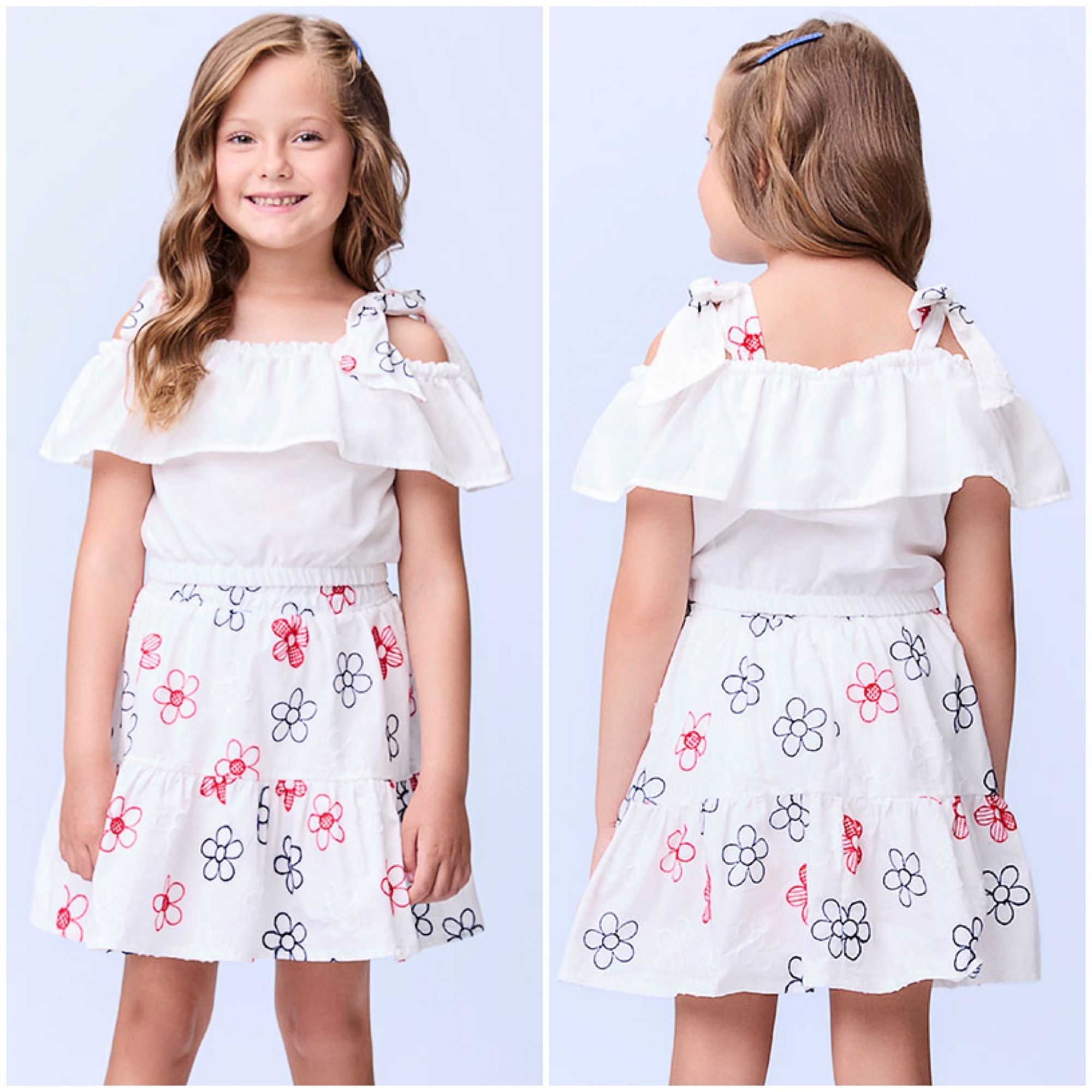 Conjunto Infantil Momi Off White Blusa Amarração Ombros Alça Bordada / Saia Bordada Flores Coloridas