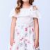 Conjunto Infantil Momi Off White Blusa Amarração Ombros Alça Bordada / Saia Bordada Flores Coloridas