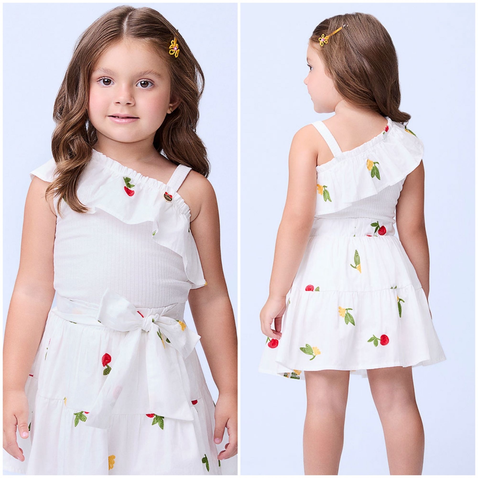 Conjunto Infantil Momi Off White Blusa Ombros Alça Sortida Babado/Alça Fina Saia Bordado Flores 