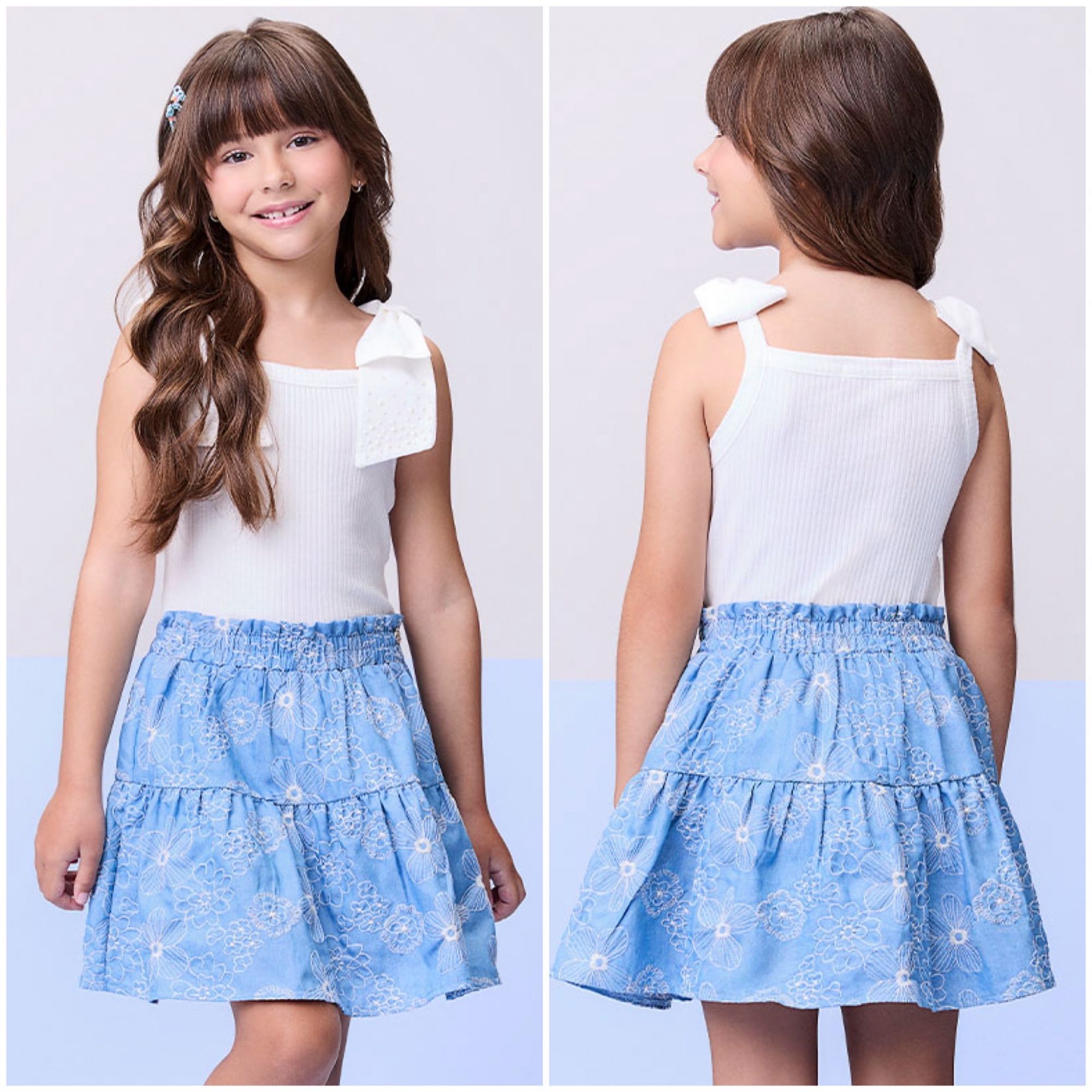 Conjunto Infantil Momi Off White Regata Laço Ombros Aplicação Pérolas Canelada / Saia Azul Bordada 