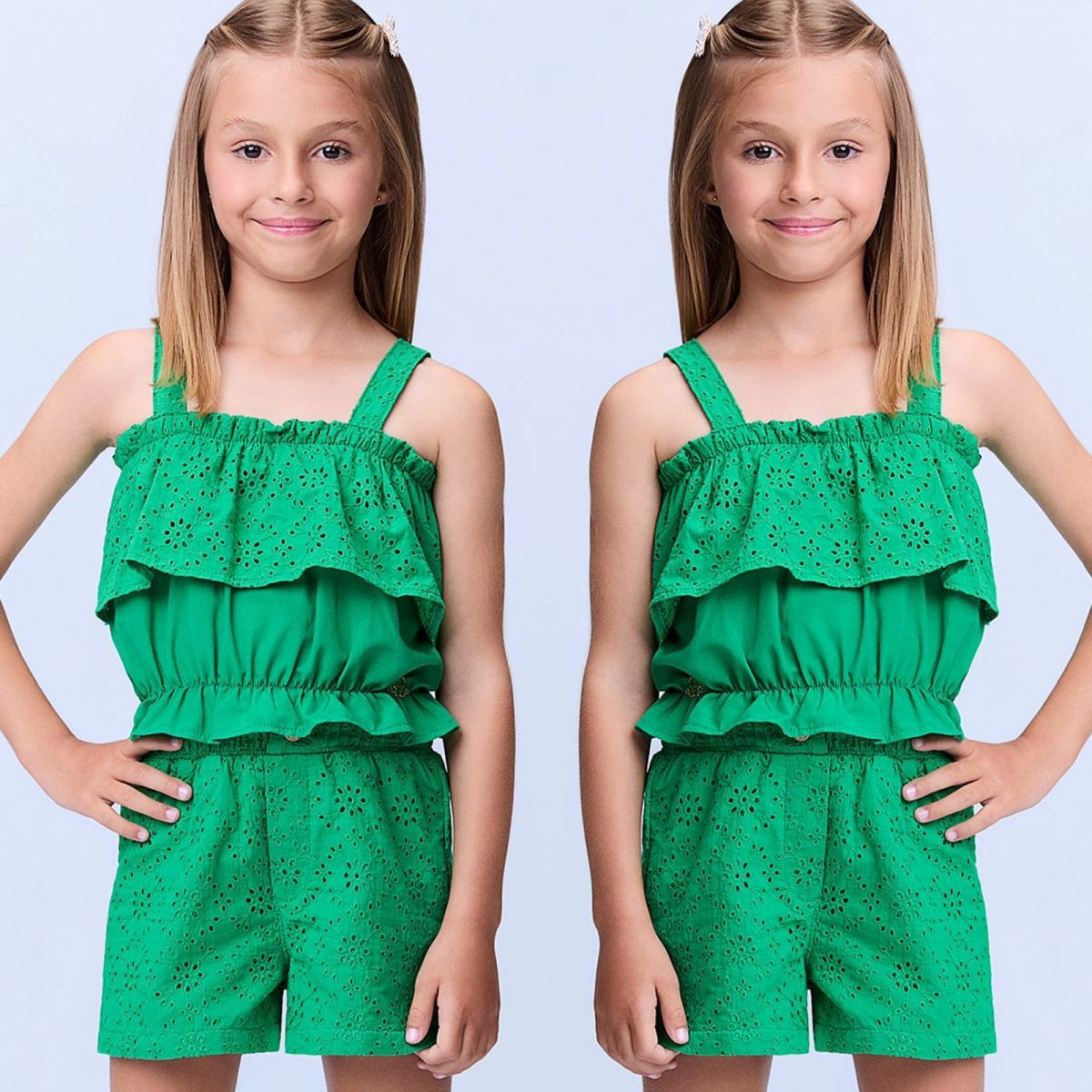 Conjunto Infantil Momi Verde Em Laise Liso Alça Fina Shorts Verde Laise Liso