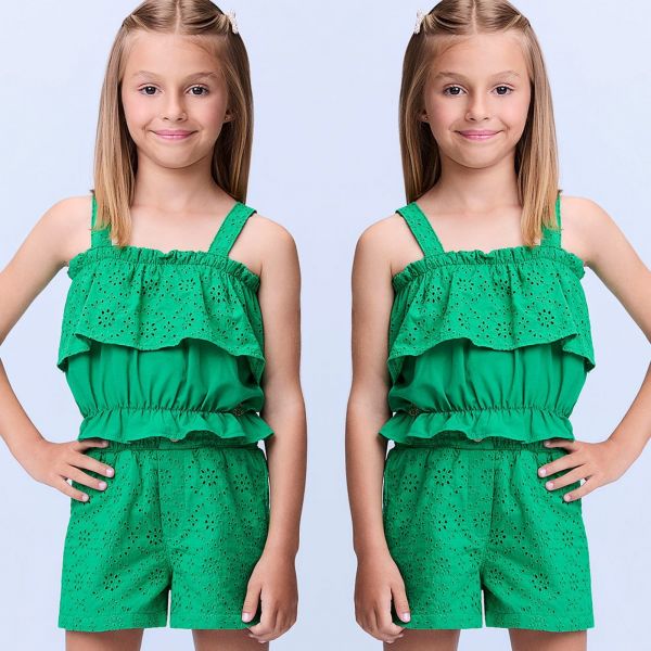 Conjunto Infantil Momi Verde Em Laise Liso Alça Fina Shorts Verde Laise Liso