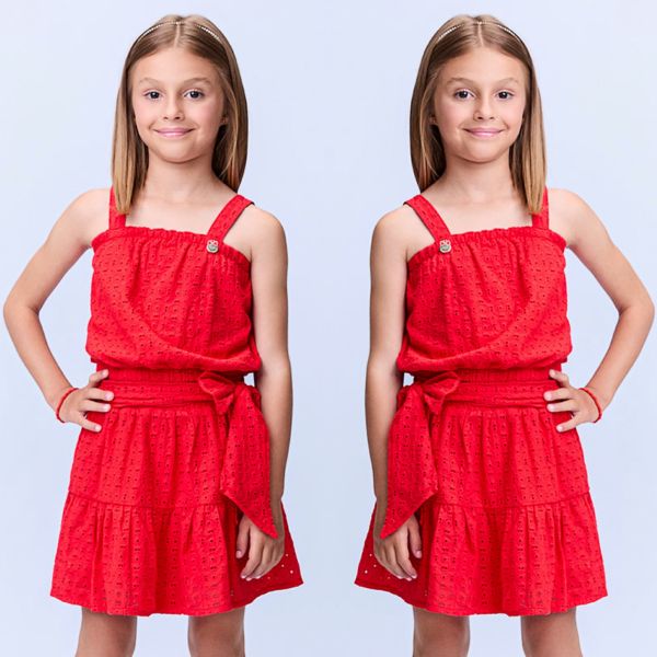 Conjunto Infantil Momi Vermelho Laise Liso Blusa Alça Fina Saia Laço Babados