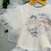 Conjunto Infantil Petit Cherie Blusa Off White Ursos Strass Manga Tule Saia Laços Azuis Sobrep.Tule