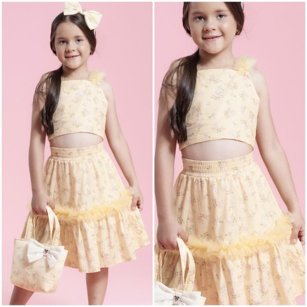 Conjunto Infantil Pituchinhus Blusa Amarela Floral Aplic. Tule Strass Saia Floral aplic. Tule