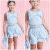 Conjunto Infantil Pituchinhus Blusa Azul Em Algodão Lisa Maxi Laço Strass Shorts Liso Laço Strass