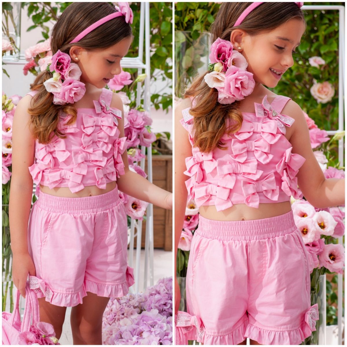 Conjunto  Infantil Pituchinhus Blusa Cropped Shorts Pink Lavander Multilaços Laços Aplicação Strass