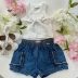 Conjunto Infantil Pituchinhus Regata Off White Amarração Pedrarias Pérolas Shorts Jeans Bolso Babado