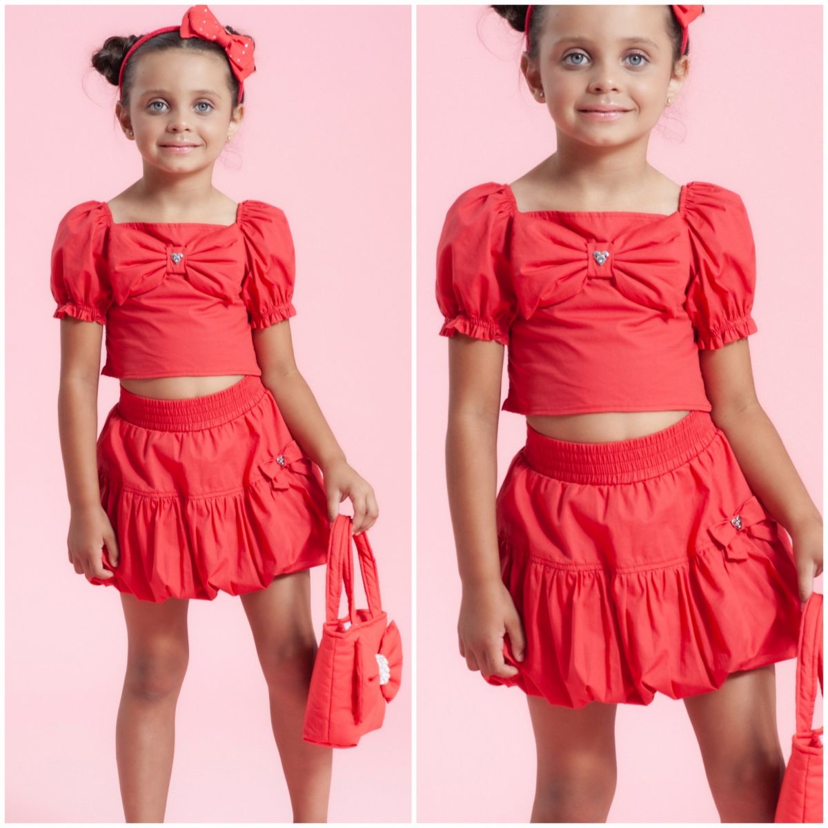 Conjunto Infantil Pituchinhus Vermelho Blusa Cropped Maxi Laço Shorts Saia Balonê 