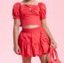 Conjunto Infantil Pituchinhus Vermelho Blusa Cropped Maxi Laço Shorts Saia Balonê 