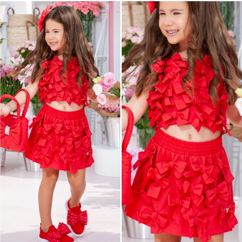 Conjunto Infantil Pituchinhus Vermelho Blusa Cropped Shorts Tricoline Multi Laços