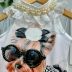 Conjunto Infantil Yoyo Body Off White Cachorrinha Pérolas Strass Renda Saia Preta Poá Laço