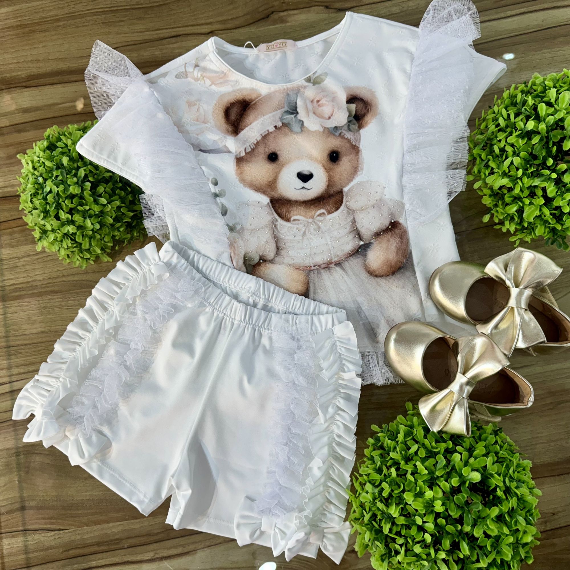 Conjunto Infantil Yoyo Branco Ursinho Blusa Aplic.Strass Tule Shorts Laço