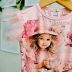 Conjunto Infantil Yoyo Floral Rosa Body Menina Manga Tule Aplic.Strass Saia Floral Strass