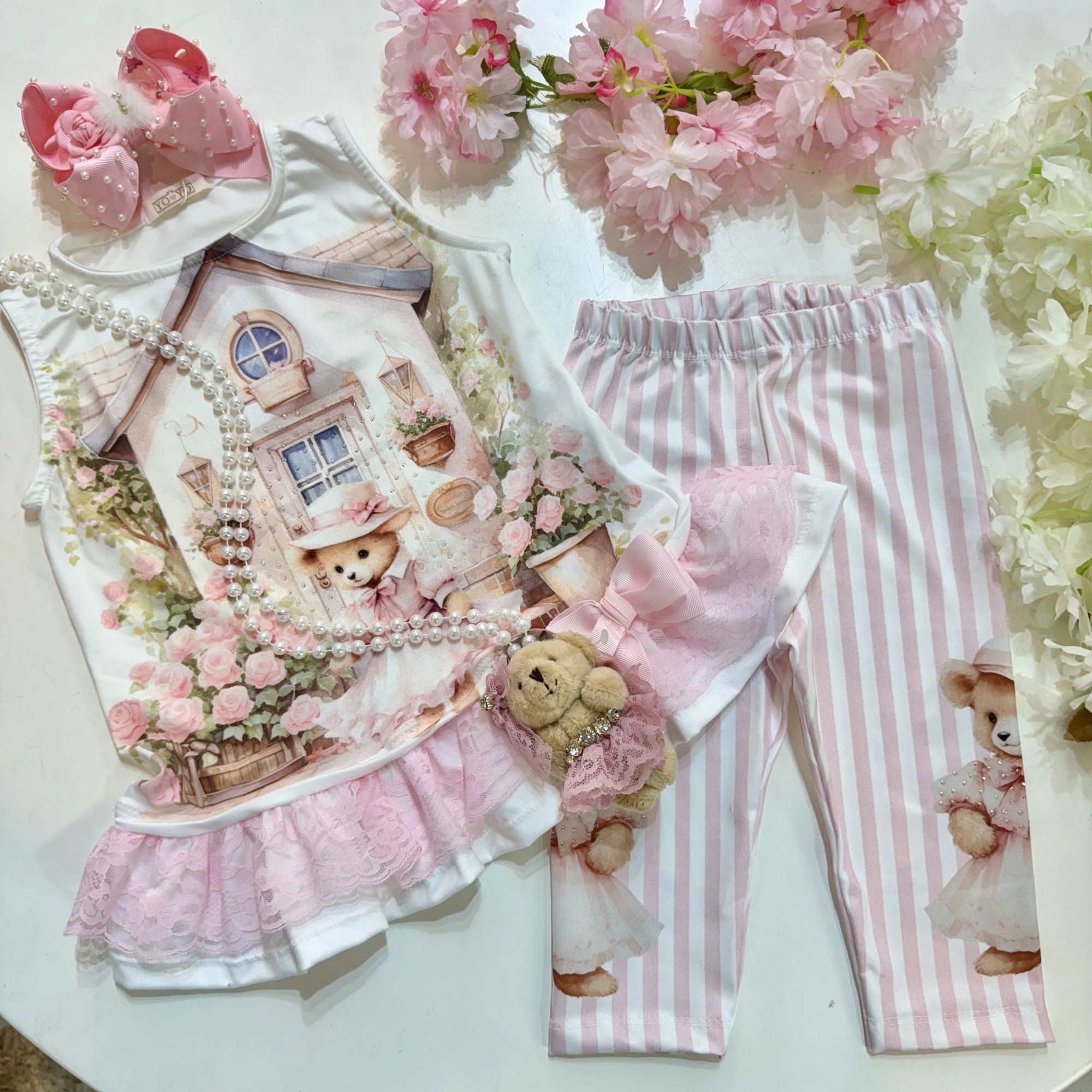 Conjunto Infantil Yoyo Off White Rosa Claro Ursinho Renda Laço Strass