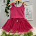 Conjunto Infantil Yoyo Regata Pink Lisa Laço Saia Tutu Pink Brilho Estrela Laço Strass